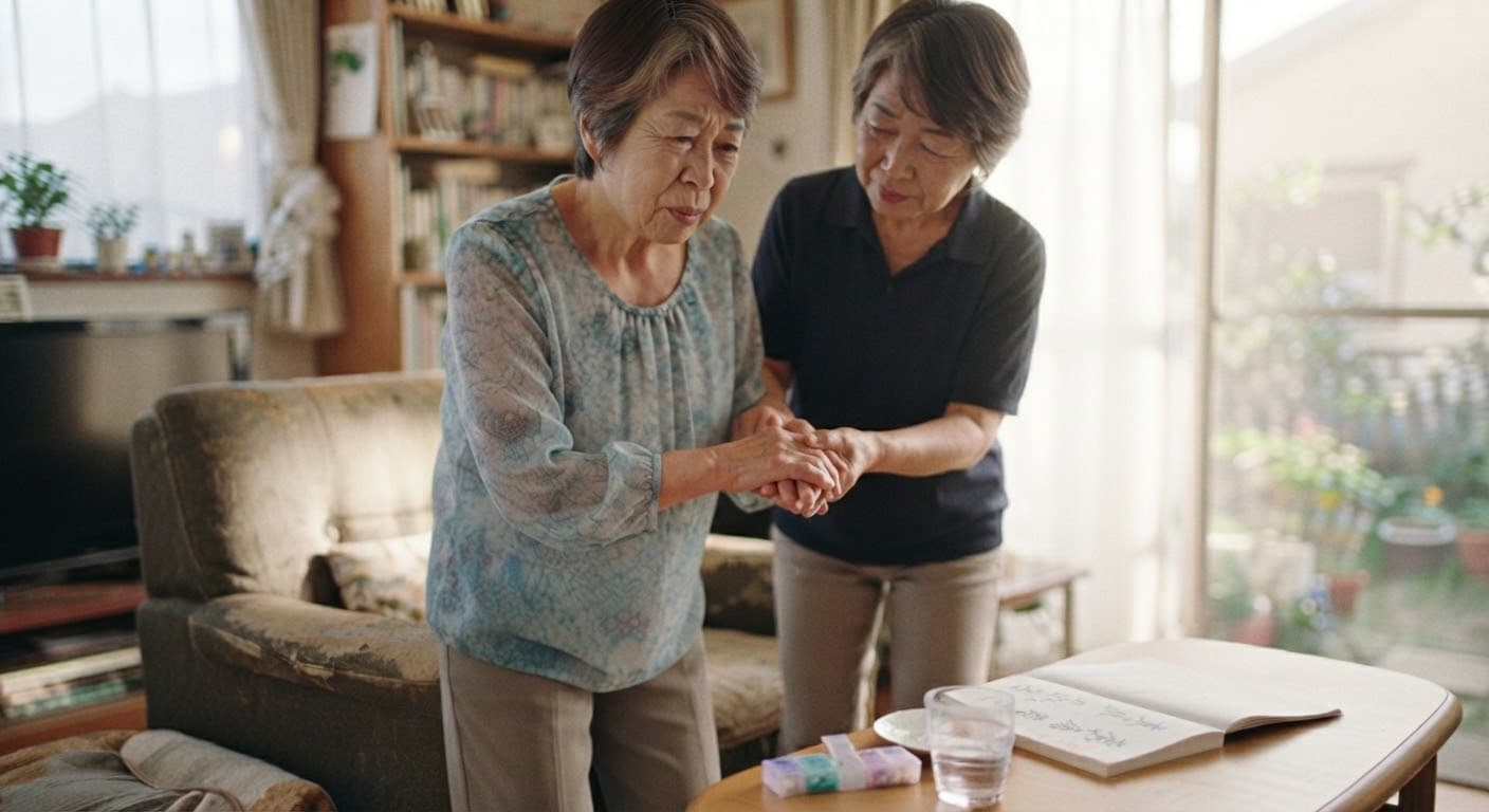 手の不調をいたわる高齢の女性